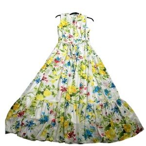 Calvin Klein white floral multi color maxi tiered dress  M wedding gest summer